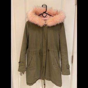 Forever 21 Pink Faux Fur Hooded Green Coat
